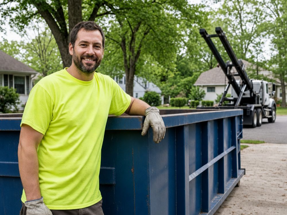 Smiling crew member in a safety vest standing beside a roll-off dumpster