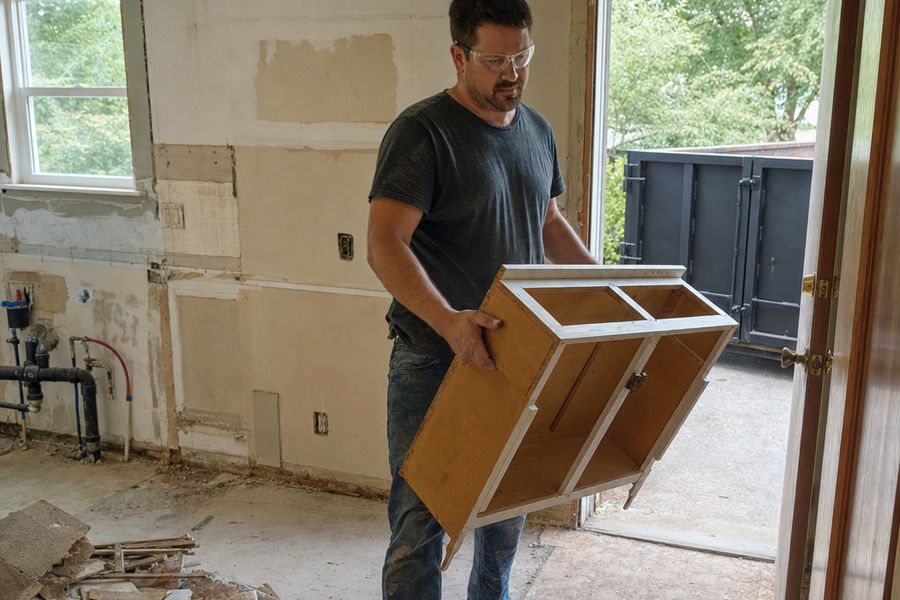 Worker carrying out old cabinets during a kitchen remodel